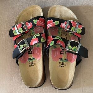 Birkenstock Black Sandals with Red Floral Design